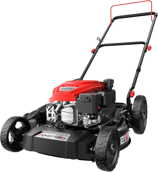 21" Gas Lawn Mower, 144cc Engine, 2-in-1 Mulching & Side Discharge, 6-Position Height Adjustment, Foldable Handles for Lawn, Yard, and Garden Maintenance