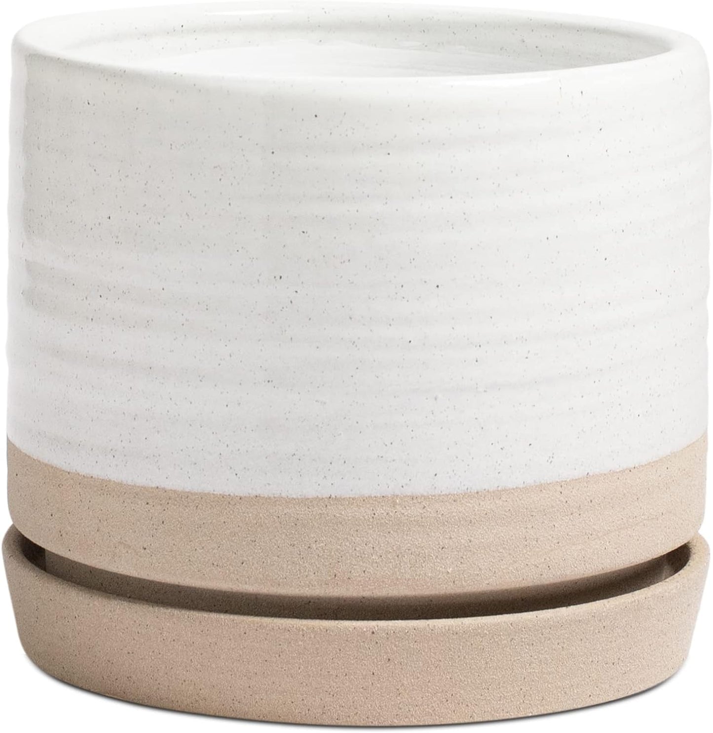 8 Inch Pots for Plants, Ceramic Planter Pot with Drainage Hole & Saucer, Indoor or Outdoor Cylinder Round Planter Pot, Matte White & Beige