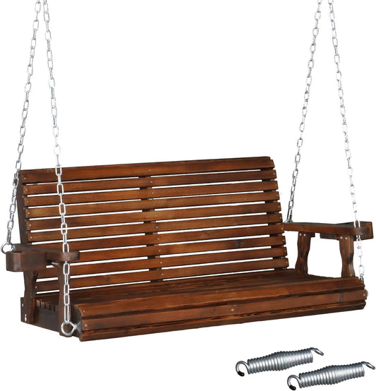 VINGLI XL Size Patio Wooden Porch Swing Outdoor with Cup Holders, Heavy Duty 880 LBS Hanging Swing Chair Bench with Hanging Chains for Yard, Lawn, Garden (4 FT Pro, Rustic)