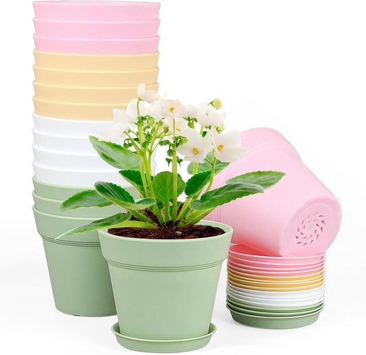 4 inch Small Plastic Nursery Pots,16 Pack Plant Pots for Indoor Outdoor Plants, Flower Pots with Drainage Holes and Saucers, Decorative Seeding Starter Planters for House Plants, Colorful