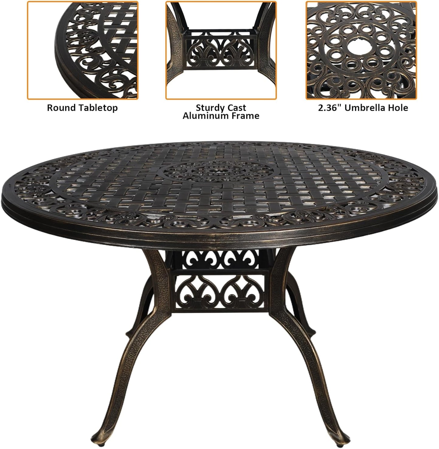 48" Round Patio Table for 6 Person Cast Aluminum Bistro Table with Umbrella Hole,Metal Patio Table Outdoor Bistro Dining Table for Garden,Bronze