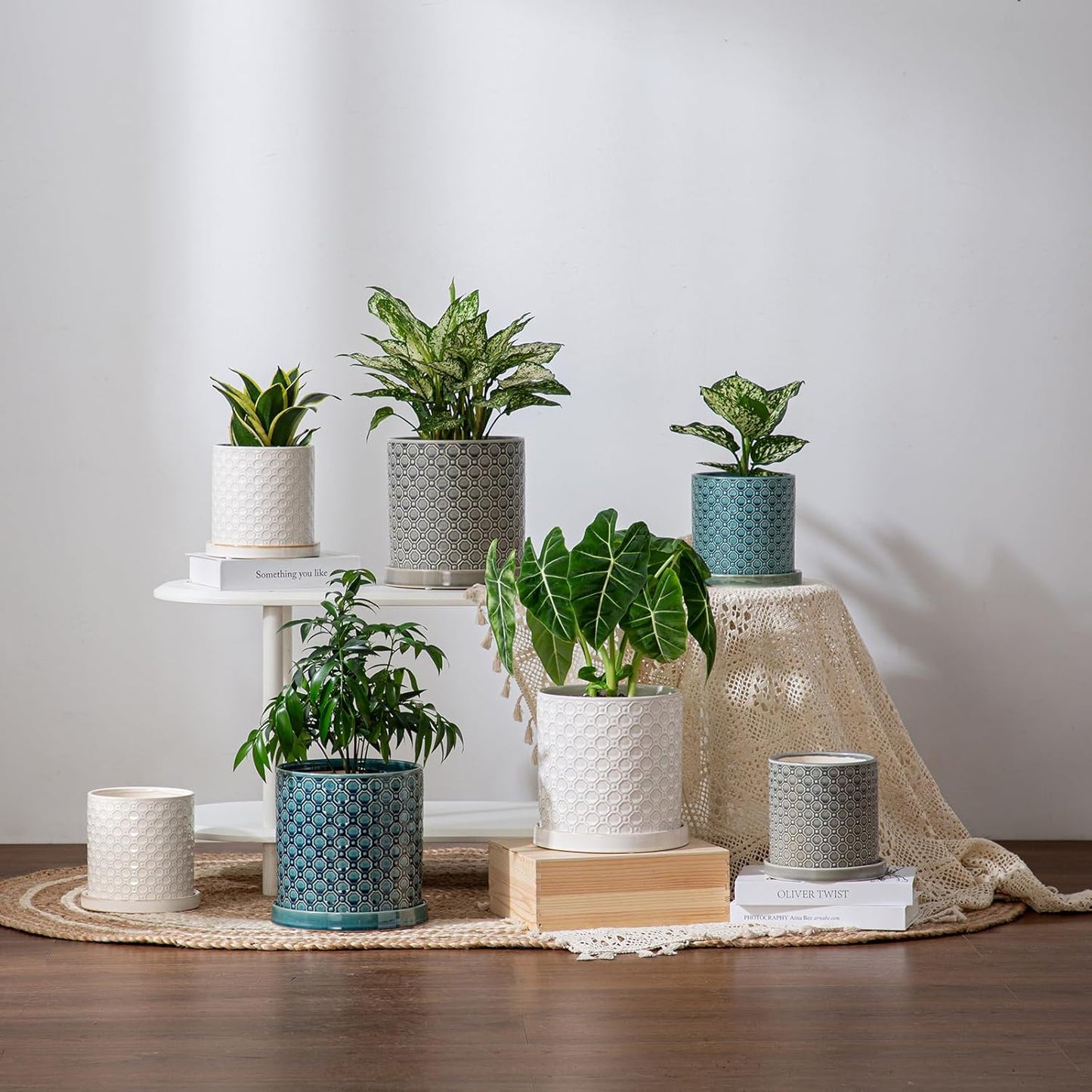 8 Inch Plant Pot: Ceramic Planter with Drainage Hole & Saucer Indoor Outdoor Plants - Cylinder Round Flower Pot for Home Office - Modern Decorative - Medium Blue