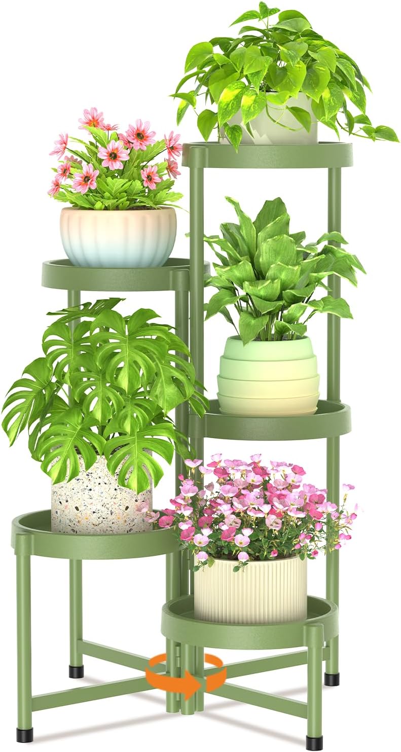 LASZOLA 5 Tiered Folding Plant Stand Indoor for Multiple Large Planter, Tall Heavy Duty Adjustable Rack with Rust Proof Plastic Shelving, Sturdy Vertical Tree Organizer for Narrow Inside Floor, Green