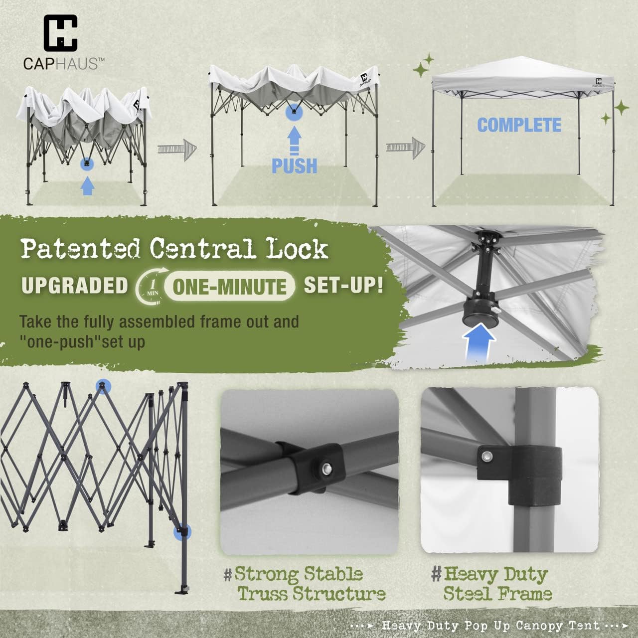 CAPHAUS 12ft x 12ft Patented One-Push Pop Up Outdoor Canopy Tent, Heavy-Duty Commercial Grade w/Central Lock, Portable and Instant Folding Shelter with Wheeled Carry Bag and Weight Bag, Blue