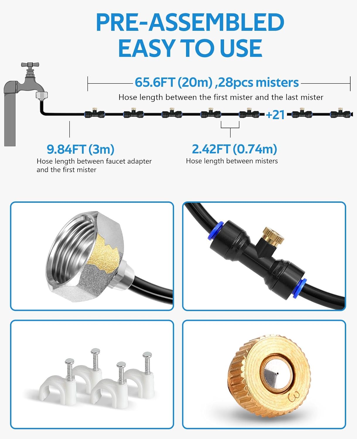 homenote Misting Cooling System 75FT (23M) Misting Line + 28 Brass Mist Nozzles + Brass Adapter(3/4") Outdoor Mister for Patio Backyard Garden Greenhouse Watering