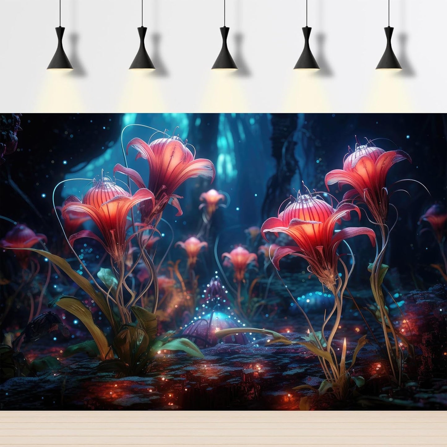 Aquarium Background Beautiful Red Translucent Flowers Terrarium Background Abstract Fantasy Plants Underwater World Tank Poster Glowing Flowers Foggy Forest Fish Tank Background Decors Vinyl 72x18in