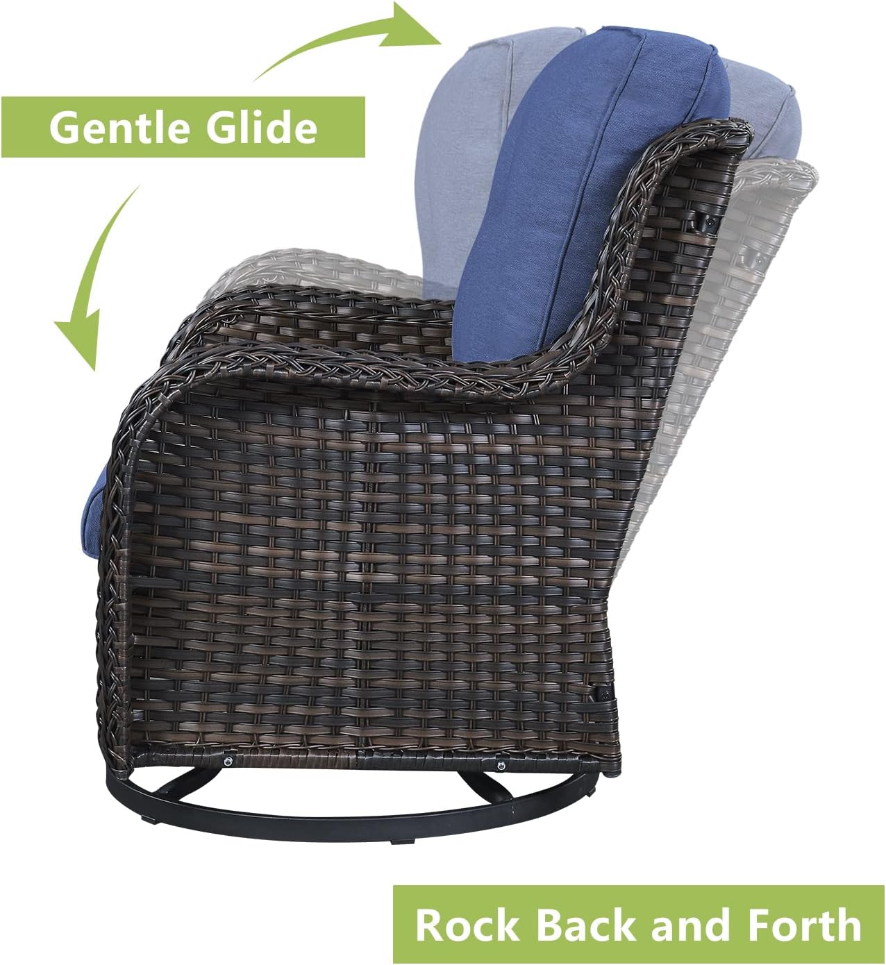 Outdoor Patio Swivel Rocker Chairs - Single Wicker Rattan Patio Swivel Rocking Chair with High Back,Deep Seating and Comfort Cushions for Deck Porch Garden,Brown/Blue