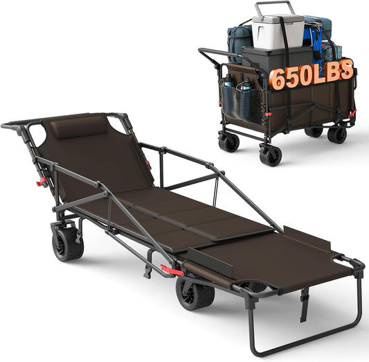 LEVELEVE Heavy Duty Folding Wagon - 2-in-1 Collapsible Cart, 650lb Capacity, All-Terrain Wheels w/Brakes & Side Pockets (Brown)