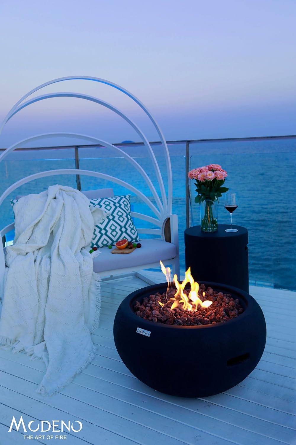 AMS Fireplace | Modeno York Package | Black Liquid Propane Gas Fire Pit Table for Outside Patio Bundle with Tank Cover and SS Burner Lid | Free Ice Bucket