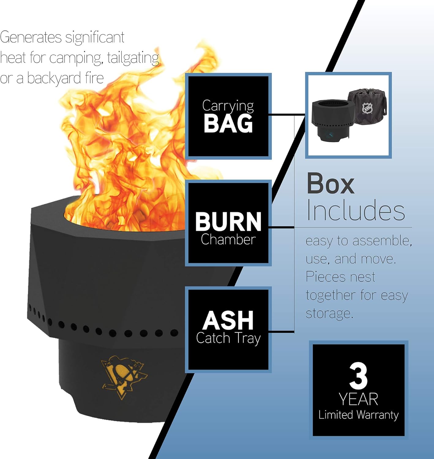 Blue Sky Outdoor Living NHL Vancouver Canucks Ridge Portable Steel Smokeless Fire Pit with Carrying Bag & Spark Screen Kit, Firewood & Wood Pellet