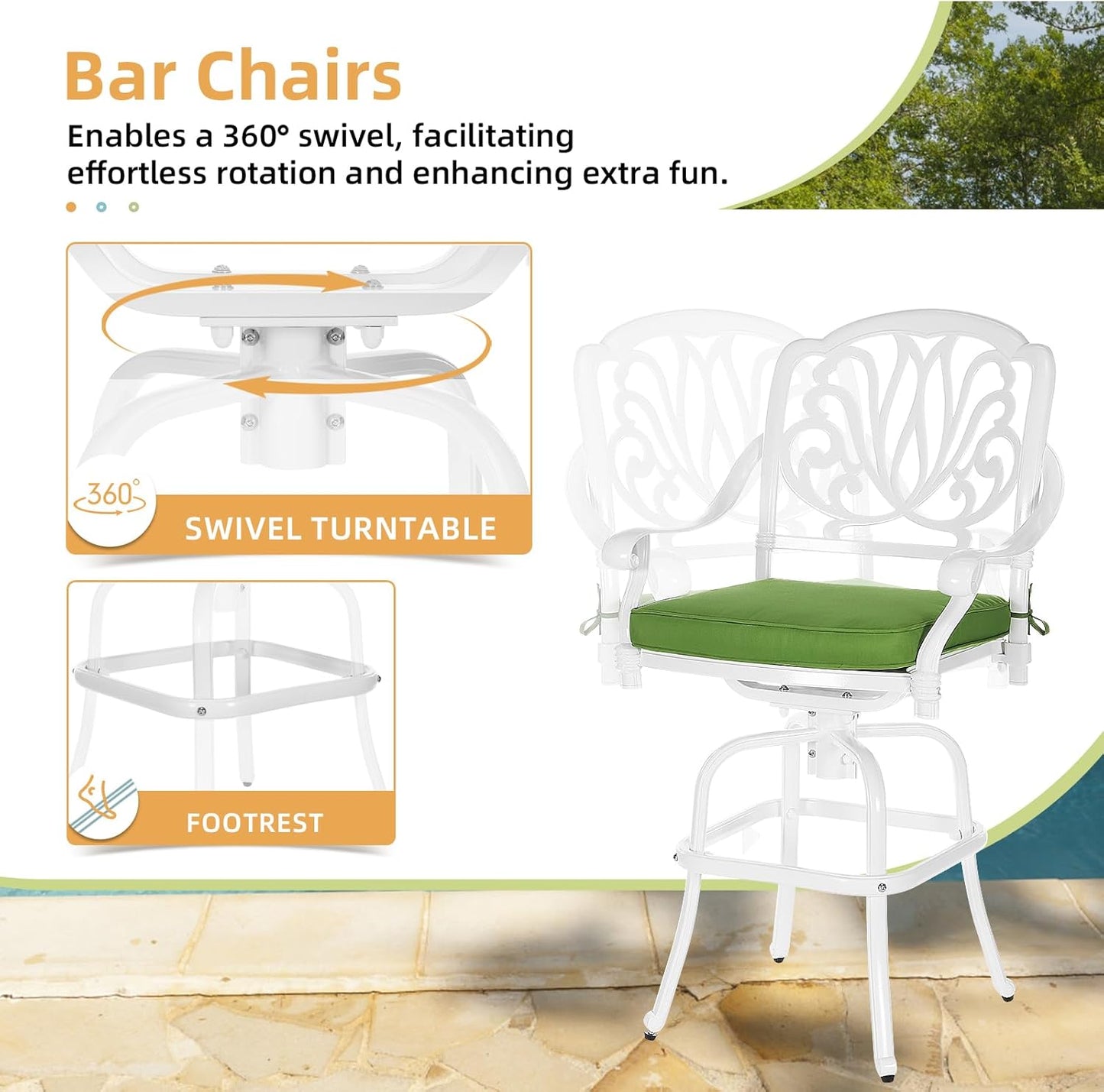 3 Pieces Patio Swivel Bar Set, Patio High Top Bar Table and Chairs Set, All-Weather Cast Aluminum High Swivel Bar Stools Chair Set of 2 and 35.4" Table, Patio Bistro Set for Garden,White