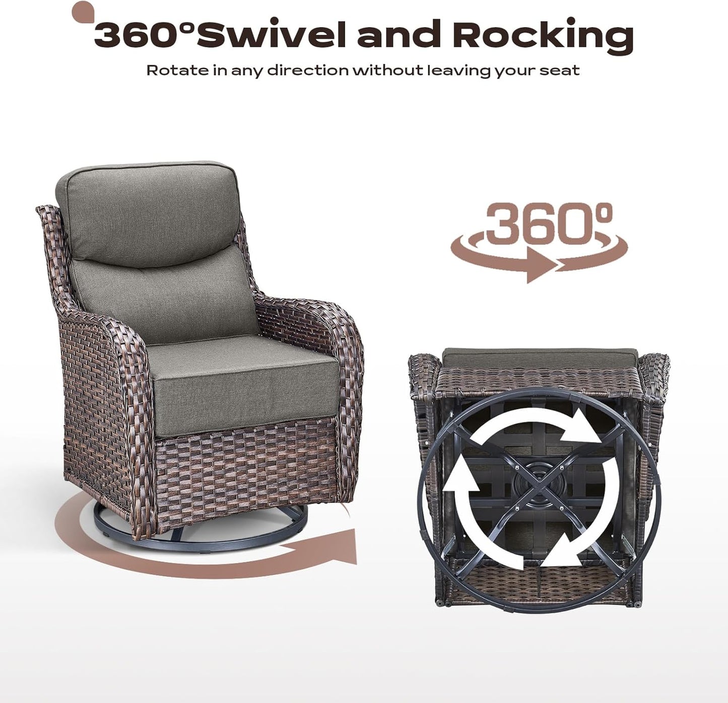 Wicker Outdoor Patio Furniture Set - 5 Piece Patio Conversation Sets with Swivel Rocker Chairs, Ottomans and Sofa, 6 inch Cushions, Waterproof Wicker, for Porch Deck Brown/Grey