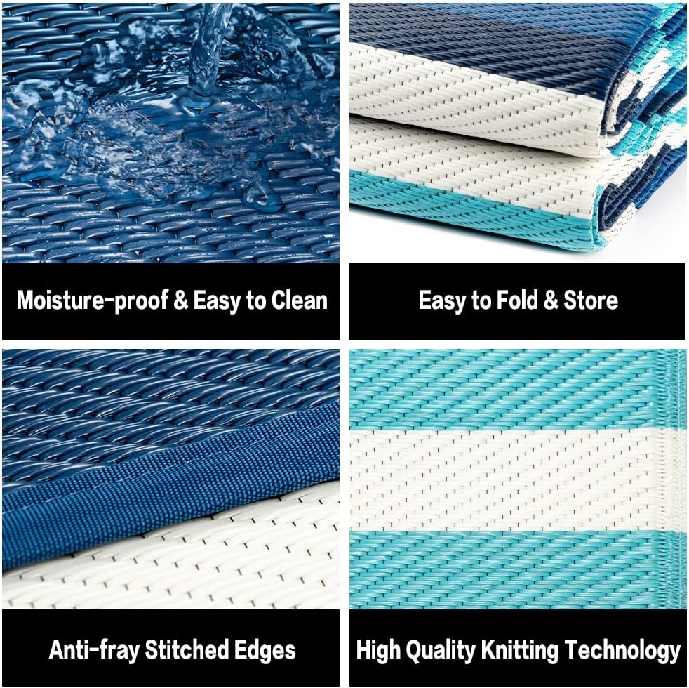 Outdoor Waterproof Rug 9'x12' Plastic Straw Rugs Washable Reversible Floor Mat Blue Stripe Carpet for Camping RV Deck Entryance Porch Picnic Balcony Beach Backyard
