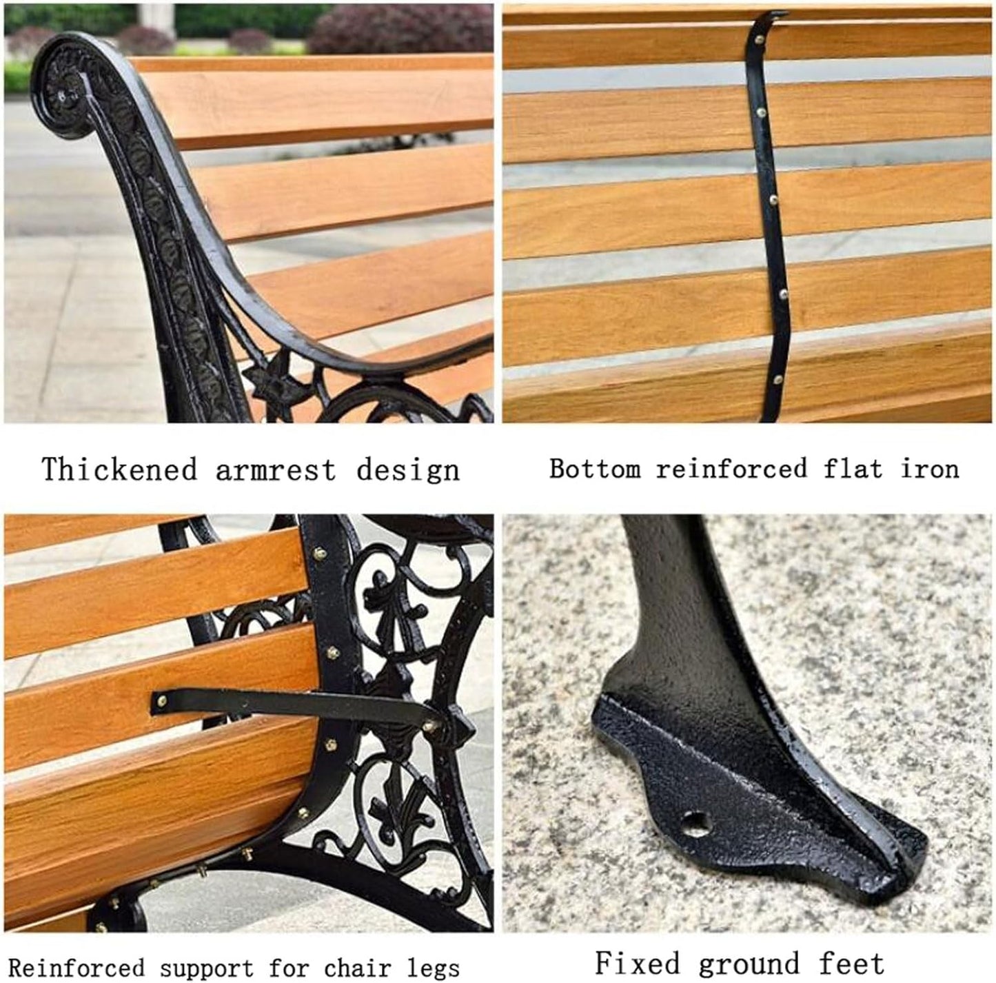 Outdoor Bench, Porch Bench, Garden Park Bench, Cast Aluminum Preservative Wood Bench with Backrest and Armrests for 2-3 People Porch/Deck/Patio Furniture(Brown+Antique Green Legs,125CM)