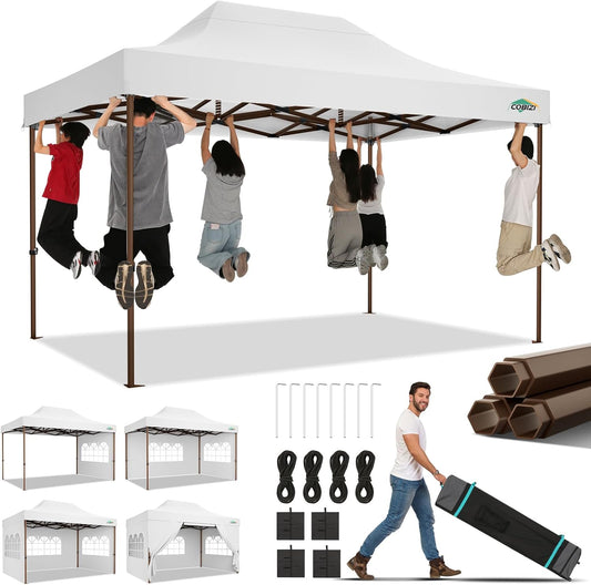 COBIZI 10x15 Pop Up Canopy Tent Heavy Duty with Sidewall, Commercial Outdoor Easy Pop Up Gazebo for Party Wedding All Weather Waterproof UV 50+ with Roller Bag(Leg Upgraded),White