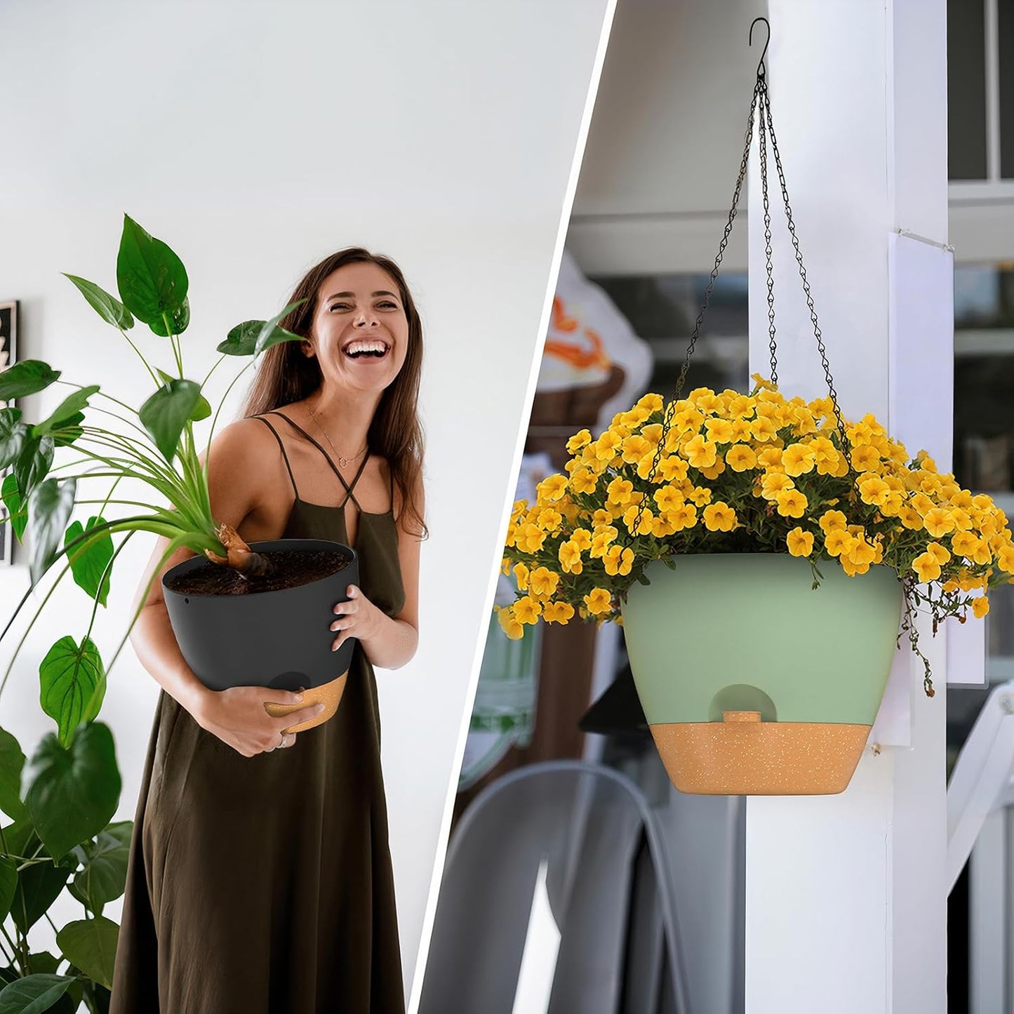 ZMTECH 12 Inch Hanging Planters for Indoor Outdoor Plants, 1 Pack Self Watering Hanging Plant Pots with Drainage Holes and Removable Saucer, Plastic Flower Hanging Pots with Watering Lip (Green)