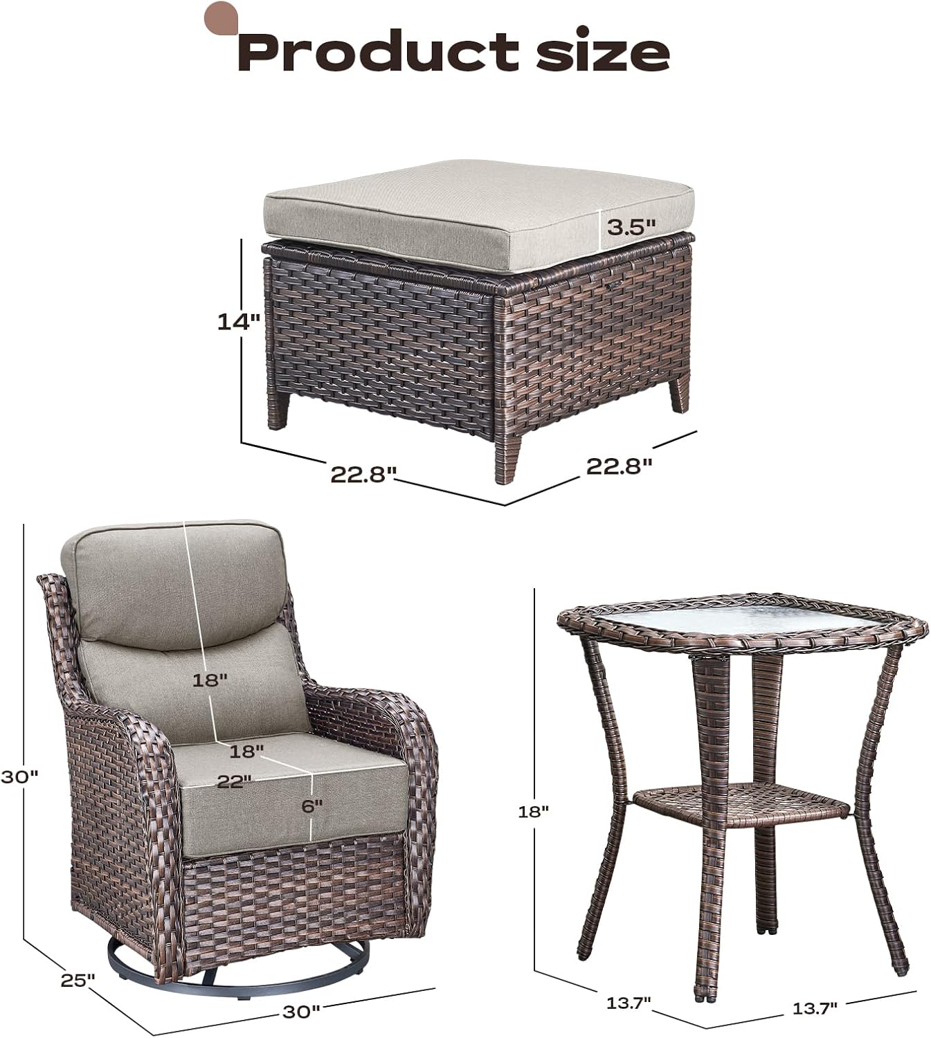 Wicker Outdoor Patio Furniture Set - 5 Piece Patio Conversation Sets with Swivel Rocker Chairs, Ottomans and Side Table, 6 inch Cushions, Waterproof Wicker, for Porch Deck Brown/Beige
