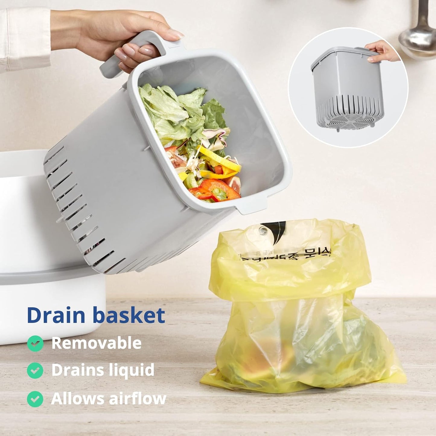 Blue Ginkgo Kitchen Compost Bin [5L / 1.32 GAL] – Filter-Free, Odor-Tight Countertop Food Waste Pail with Handles (Made in Korea, Gray)