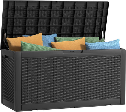 100 Gallon Outdoor Deck Box,Storage Lockable Waterproof Patio Furniture,Garden Tools,Cushions,Pool Accessories Outside Storage Resin Box(Black)