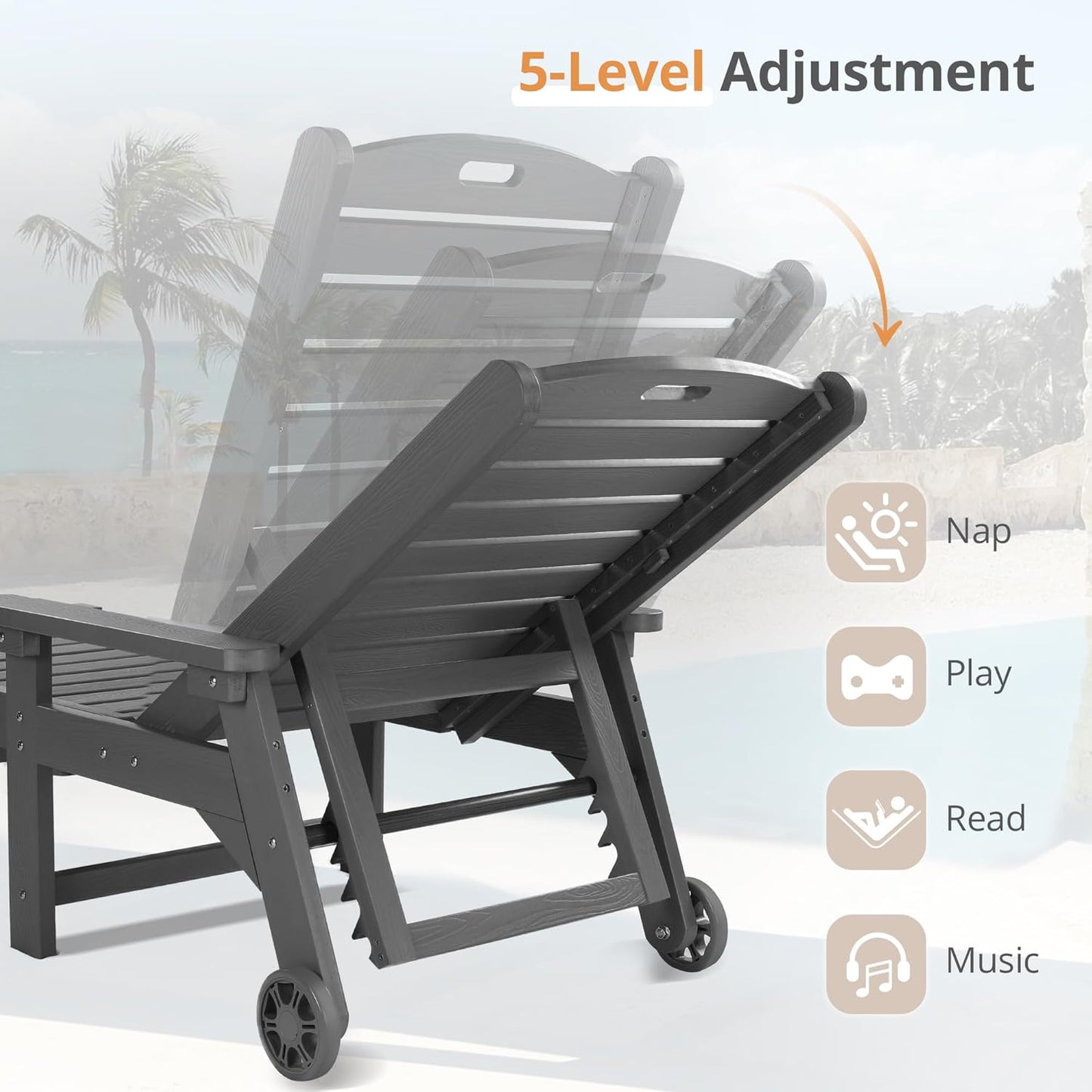 LUE BONA Outdoor Chaise Lounge Chairs Set of 2, 79'' Oversized HDPS Chaise Lounger, 5 Positions Adjustable Lounge Chairs, Pool Lounge Chair with Wheels for Poolside, 3 Year Warranty, Dark Gray