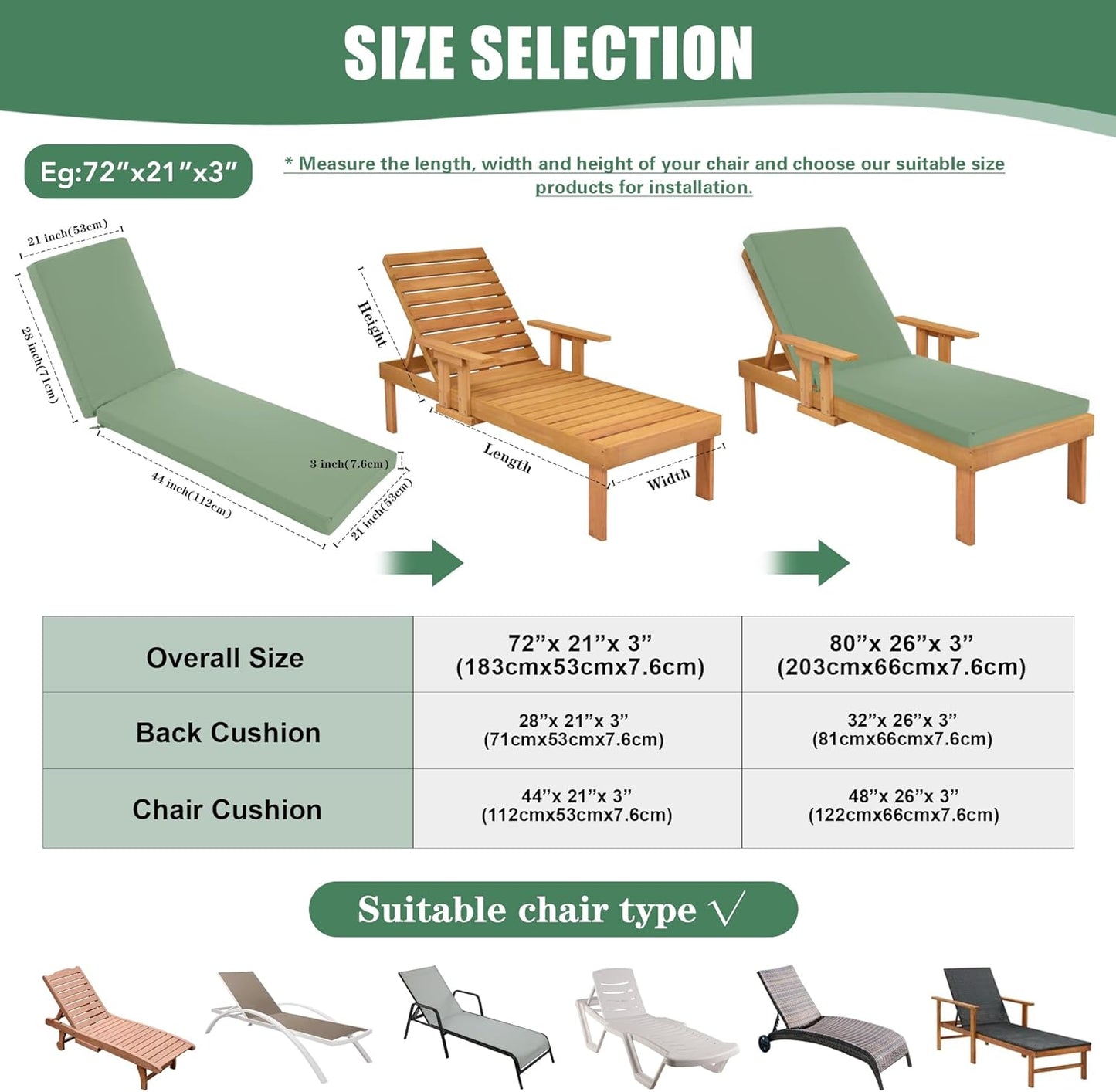 Chaise Lounge Cushions Outdoor - Waterproof and Fade Resistant Sun Lounger Replacement Cushions - Patio Lounger Pads with Removable Cover for Pool, Deck, Lawn, 72 x 21 x 3 Inch, Sage Green