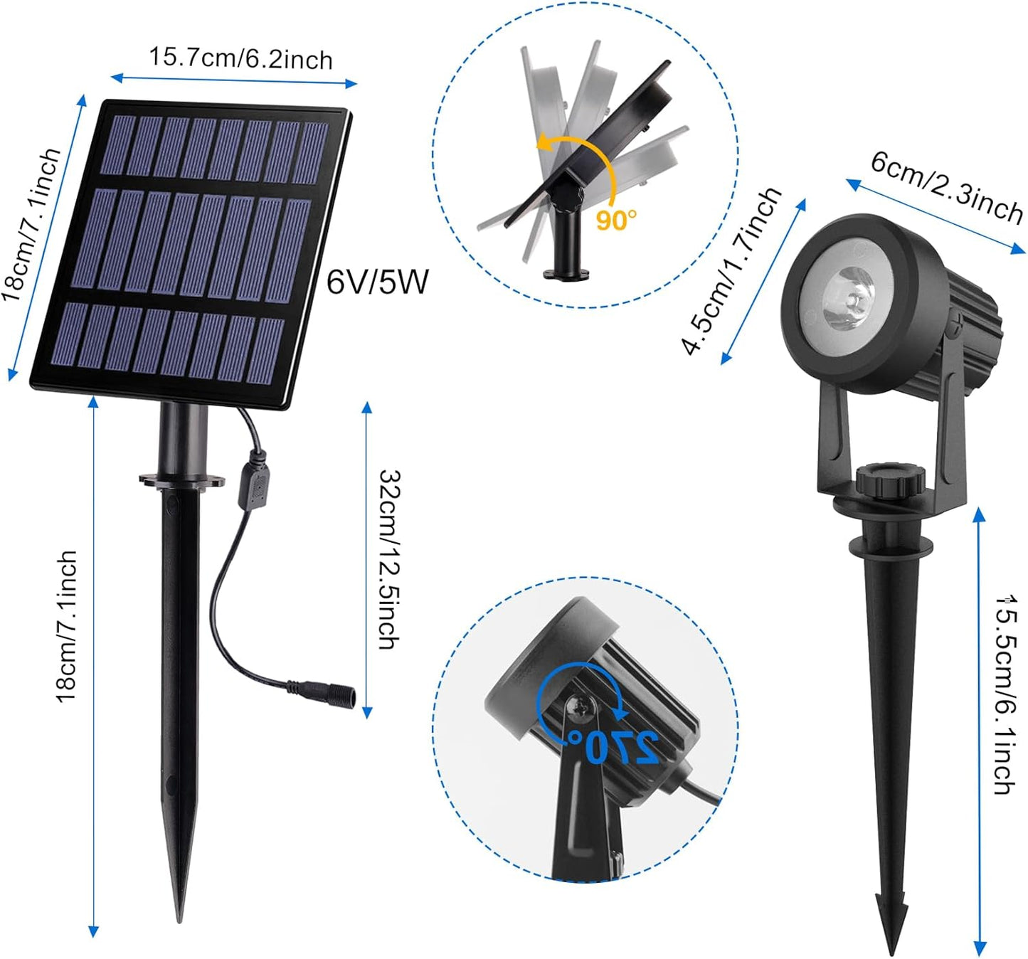 Solar Spot Lights Outdoor, Landscape Spotlights IP65 Waterproof 9.8ft Cable, Dusk to Dawn Solar Uplights for Tree Garden Yard Driveway Porch Walkway Pool (6-in-1, 6000K Cold White)