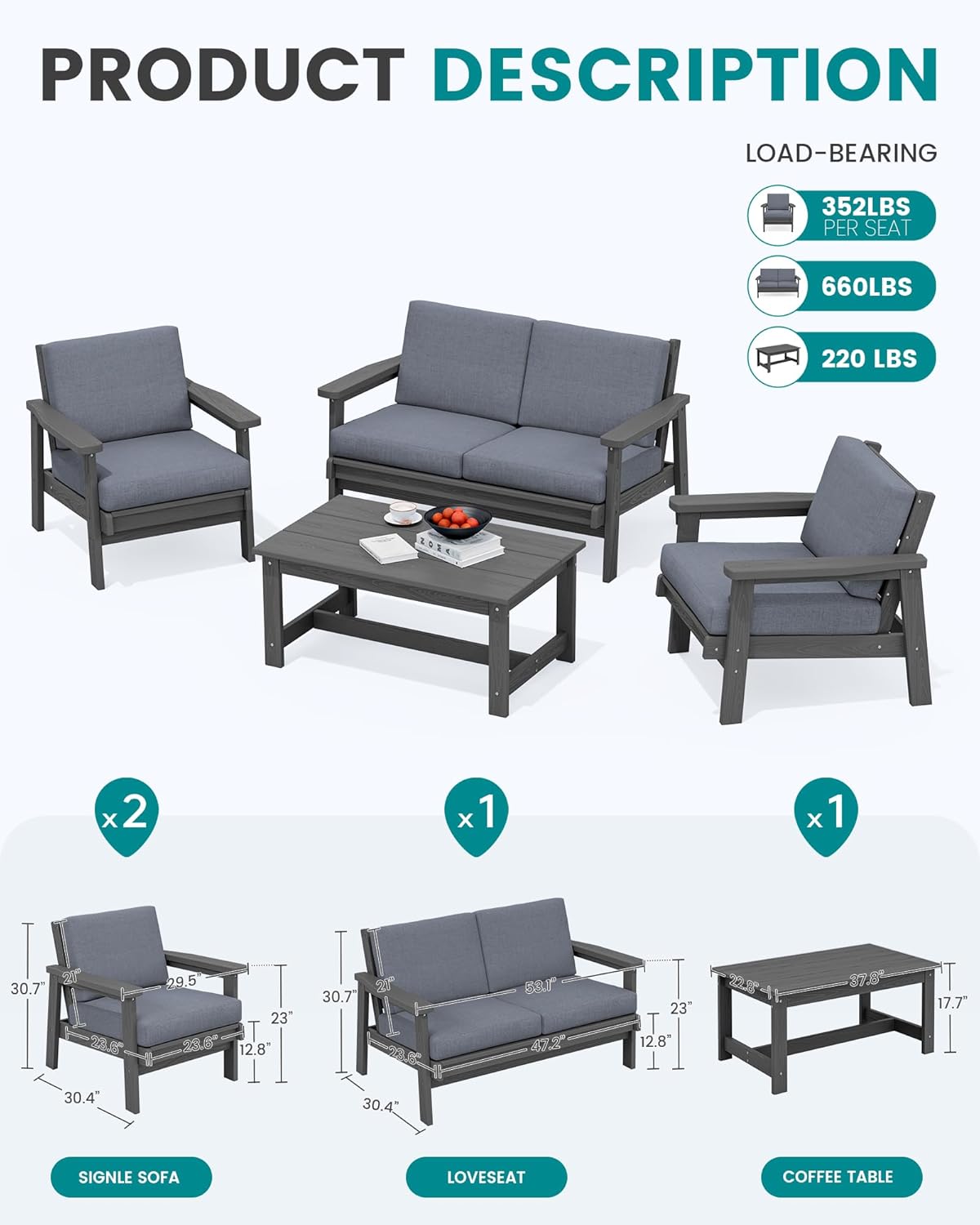 SERWALL 4 Piece HDPE Outdoor Furniture Set, All Weather Wood-Like Outdoor Sofa Sectional Couch, Grey Patio Furniture Set with Grey Cushions