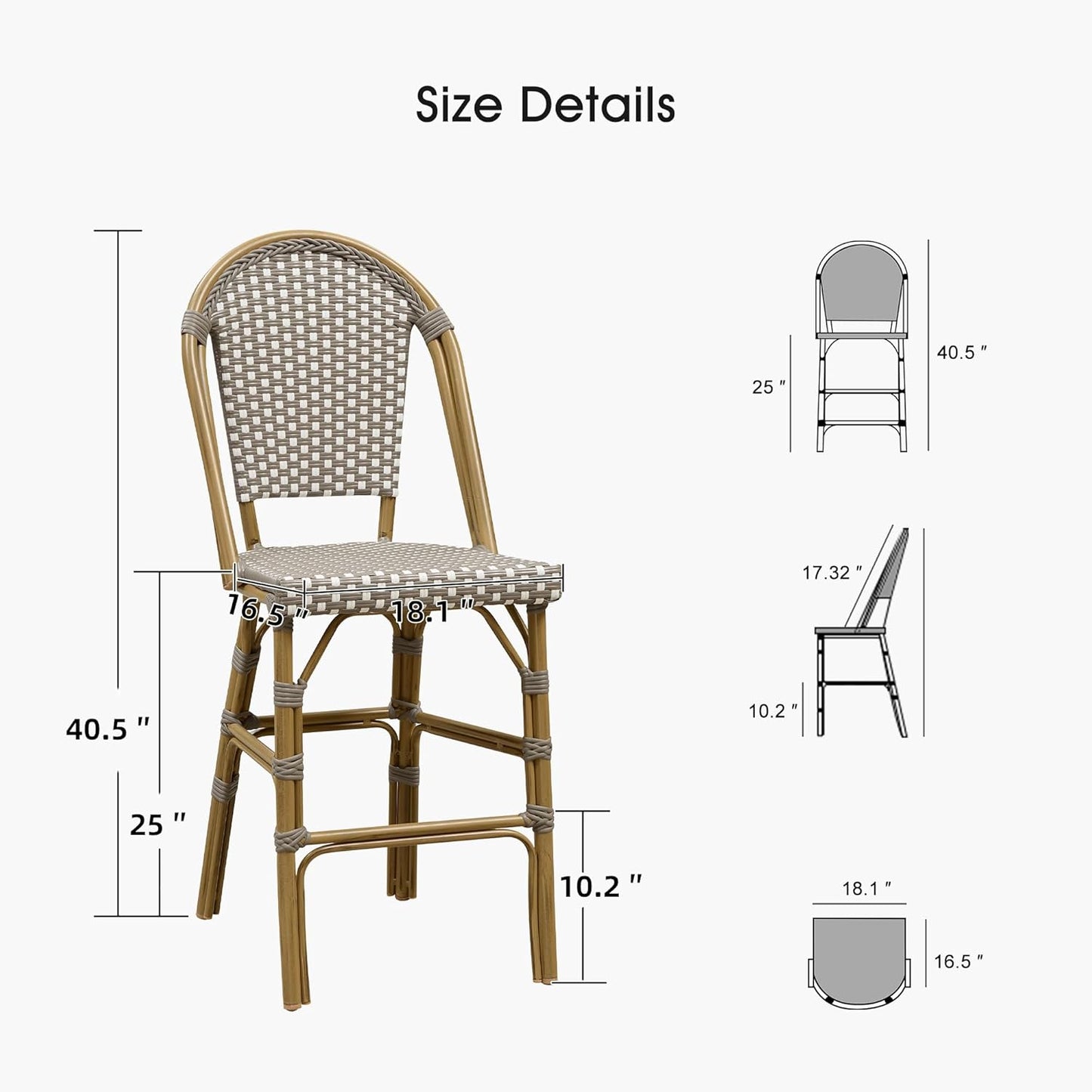 PURPLE LEAF French Counter Height Bar Stool Set of 4 25" Bamboo Print Finish Patio Bar Chairs with Back Rattan Bar Chairs French Bistro Set for Kitchen Outdoor Counter Stool Grey