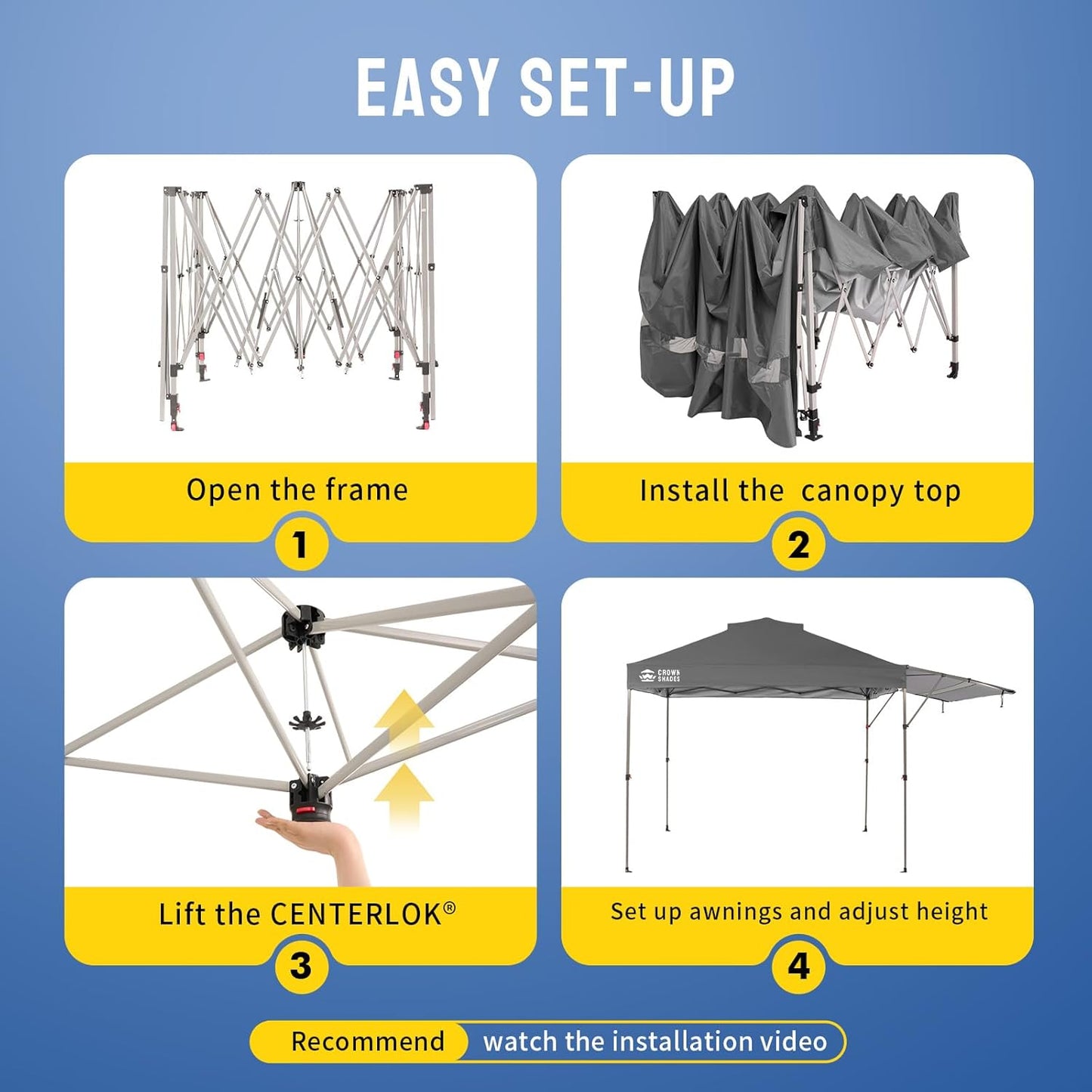 CROWN SHADES 10x10 Pop up Canopy Tent, Instant Commercial Canopy with Extend Awning, Patended Centerlock, 150D Silver Coated Fabric, 4 Ropes, 8 Stakes, 4 Weight Bags, STO 'N Go Bag, Grey