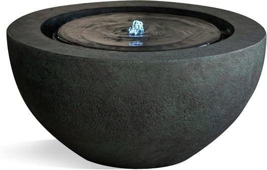 Xbrand 19.8" W Round Polyresin Indoor/Outdoor Sphere Water Feature w/LED Light, Garden Patio Fountain Decor, Dark Green, ALLS3542-2