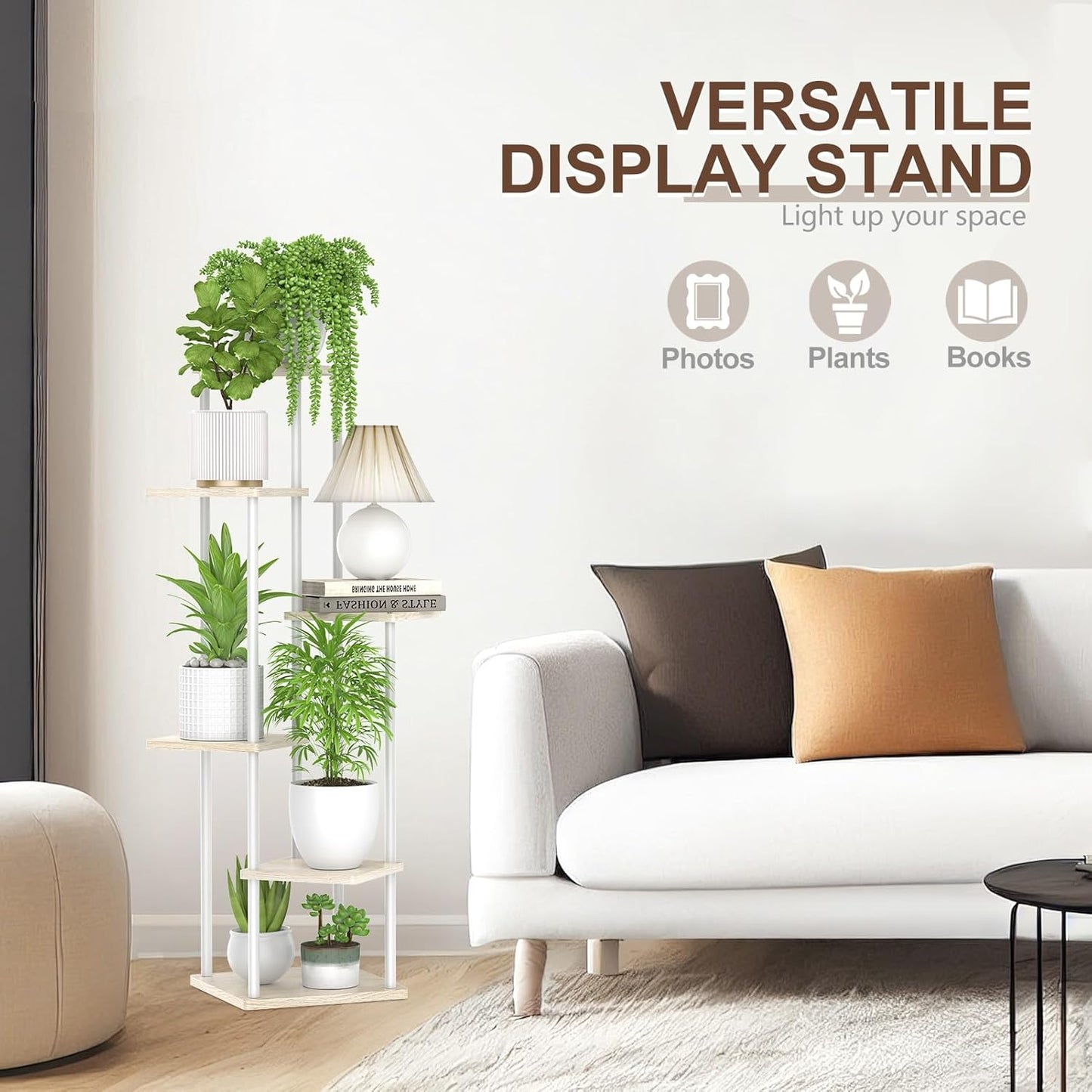 6 Tier Tall Plant Stand Indoor, Large Metal Wood Muti Level Vertical Planter Shelf Orchid Holder for Narrow Corner, Sturdy Heavy Duty Flower Display Rack for House Decor Living Room Bedroom, White