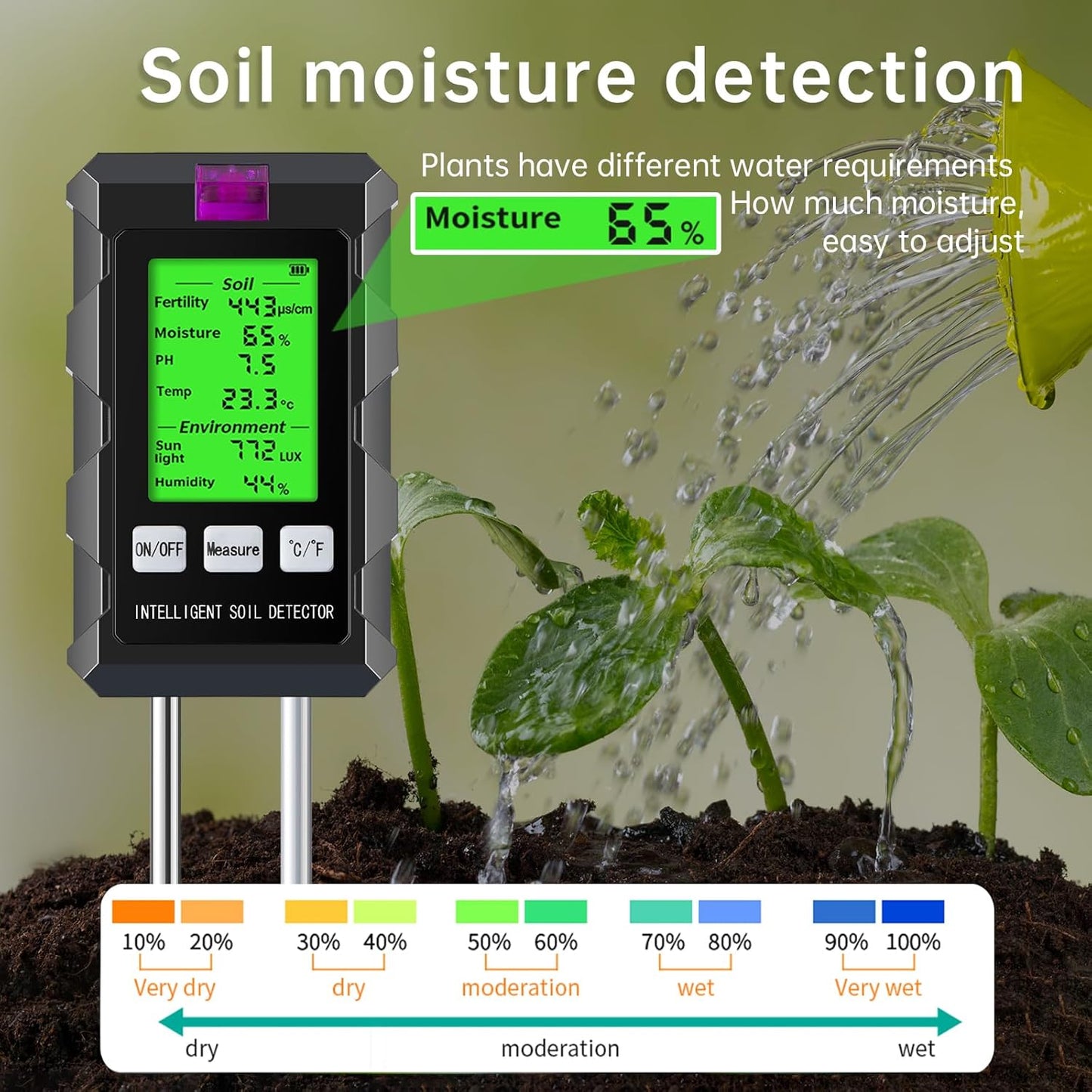 6 in 1 Soil Tester Digital Moisture Meter with Dual Probe, pH/Temperature/Moisture/Sunlight/Air Humidity/Fertility, Soil pH Tester for Farming, Gardening, Lawns and More (2*AAA Battery Needed)