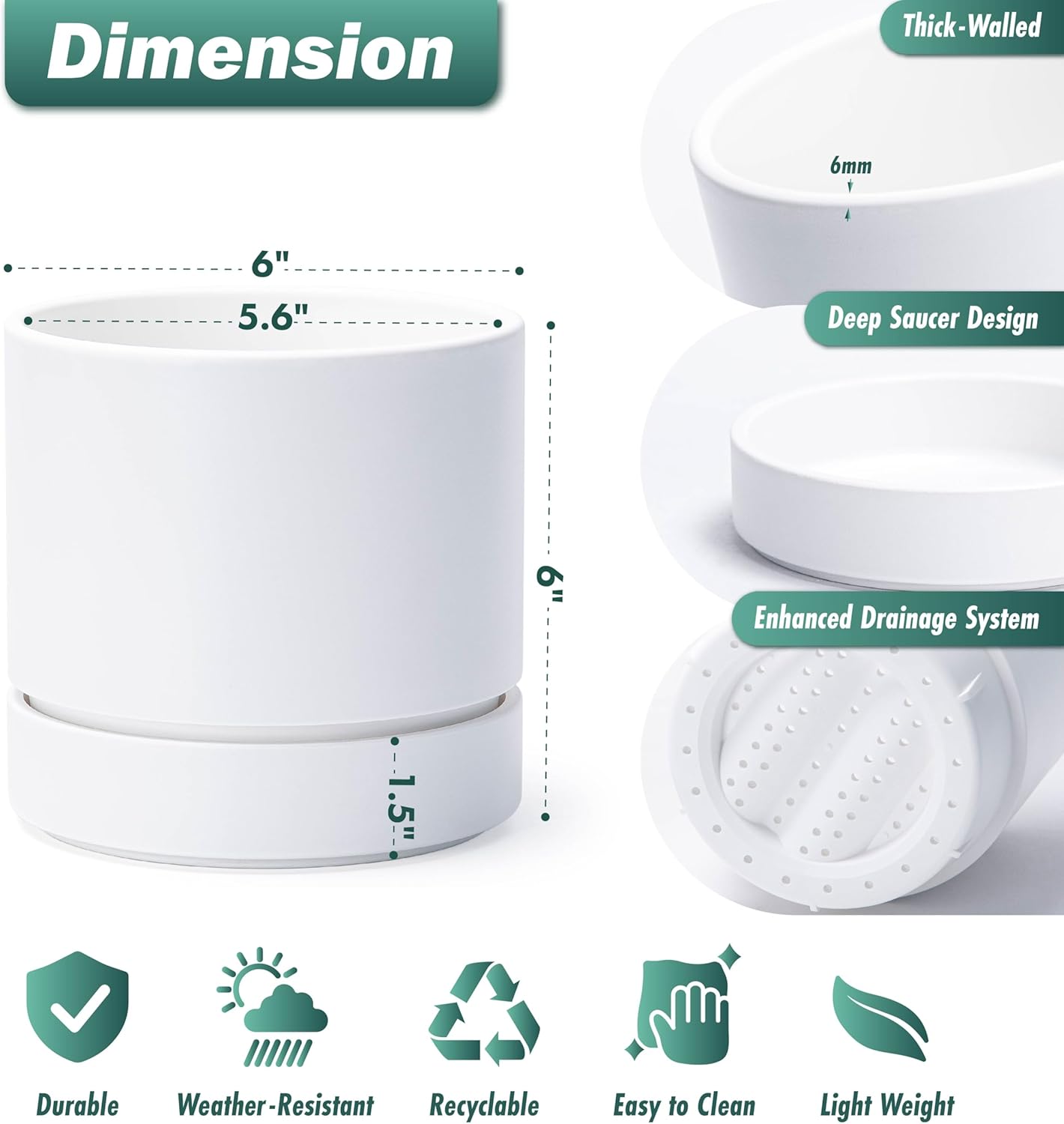 Phoenix Vine 6 Inch Planter Pot with Drainage Hole & Saucer, Deep Water Catch Tray, Straight Cylindrical Round Pot for Plants, Matte White, Pack of 4, 23-B-S-4