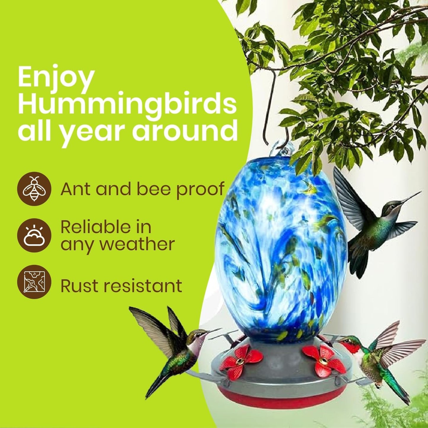 Nature Gear Hummingbird Feeder, Hanging-Mount Glass Hummingbird Feeders for Outdoors, Hand-Blown Glass Feeder with Ant Moat for Garden Hummingbirds, Easy to Clean & Rust Resistant, Sky Blue