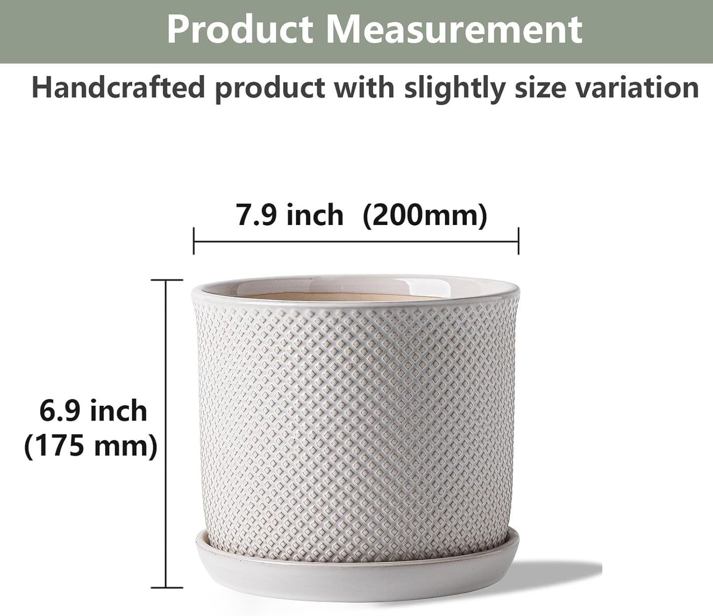 8 Inch Plant Pot: Ceramic Planter with Drainage Hole & Saucer Indoor Outdoor Plants - Flowerpot with Bonded Tray for Home Office - Beaded Embossed Style, Cream White