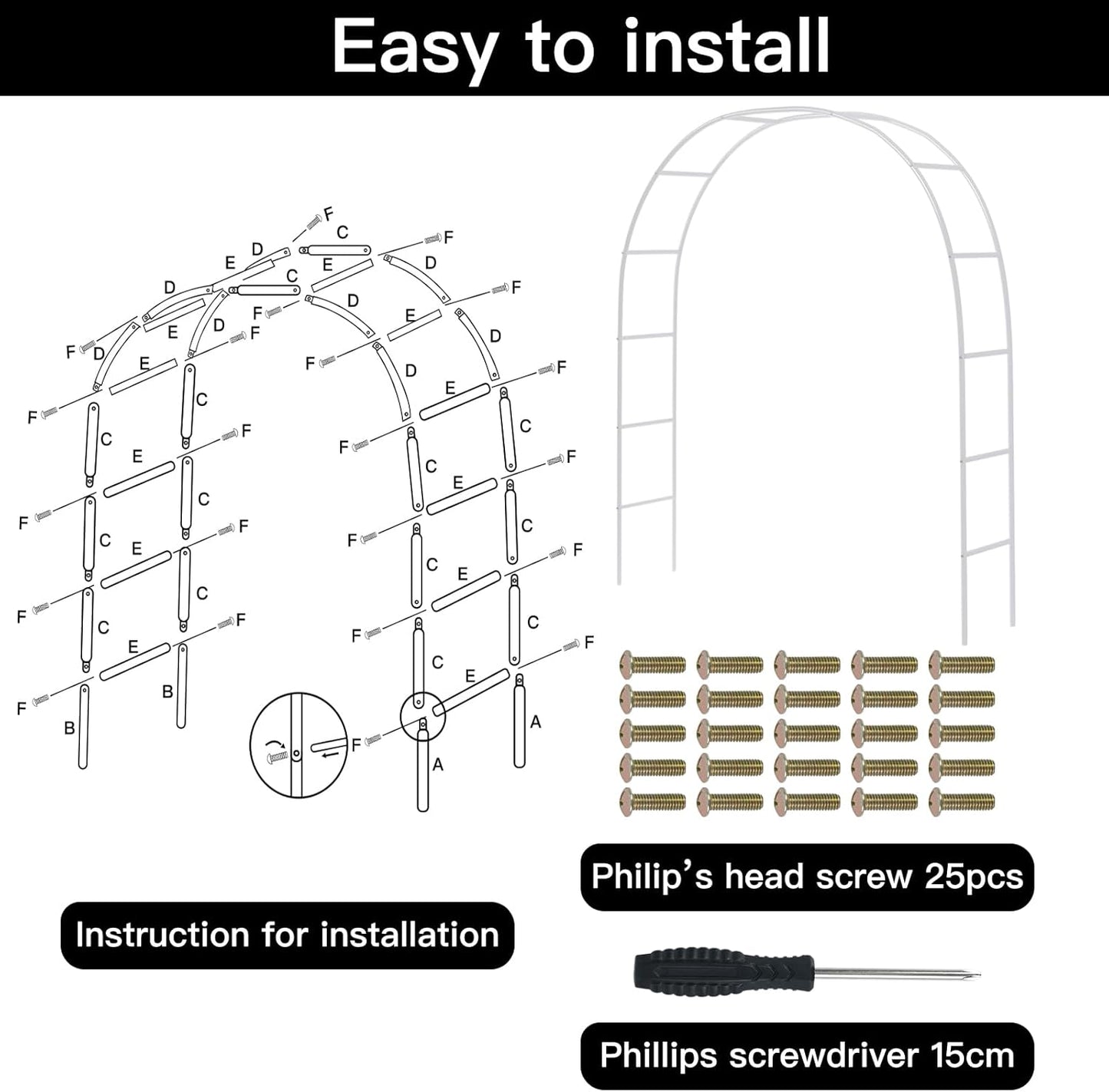RUBFAC Metal Garden Arch, Wedding & Event Decoration, Garden Trellis for Climbing Plants, Assemble Freely 2 Sizes for Various Climbing Plant Roses Vines Bridal Party Decoration White, 1 Pack
