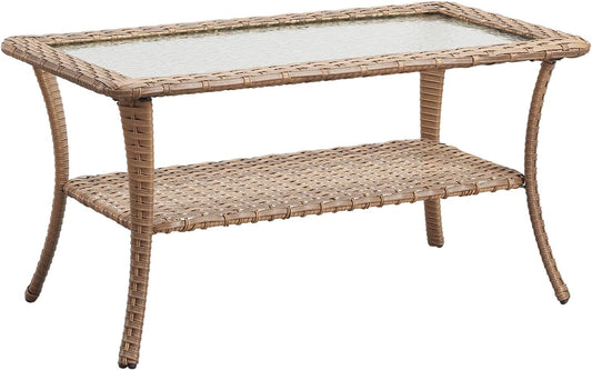Patio Tables Outdoor Coffee Table - Wicker Rattan Coffee Tables with 2-Tier Storage Shelf Glass Top for Outside Proch Deck Balcony Garden Rectangle Yellow