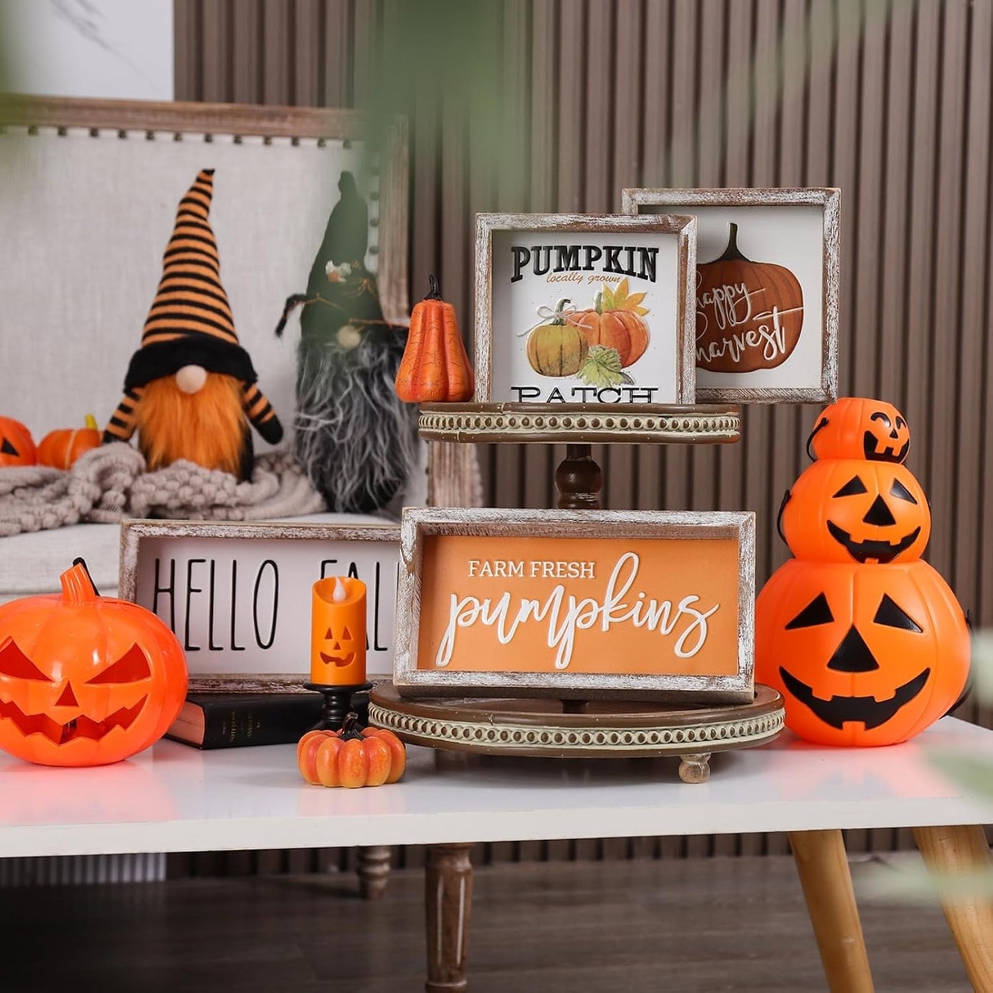 Fall Decor, Hello Fall Block Sign for Shelf, Mantel, Table, Rustic Thanksgiving Decoration, Autumn Tiered Tray Decor, Embossed Metal With Wood Frame Black