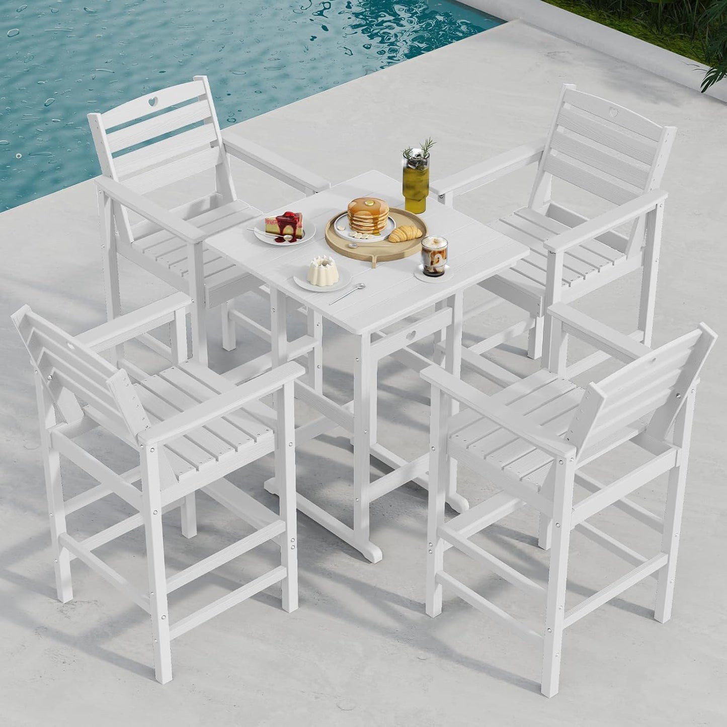 Tall Adirondack Chairs Set of 2, HDPE Wood Balcony Adirondack Chairs Set with Heart Cutout Design, Weather-Resistant Bar Height Furniture for Deck, Porch, Pool (White)
