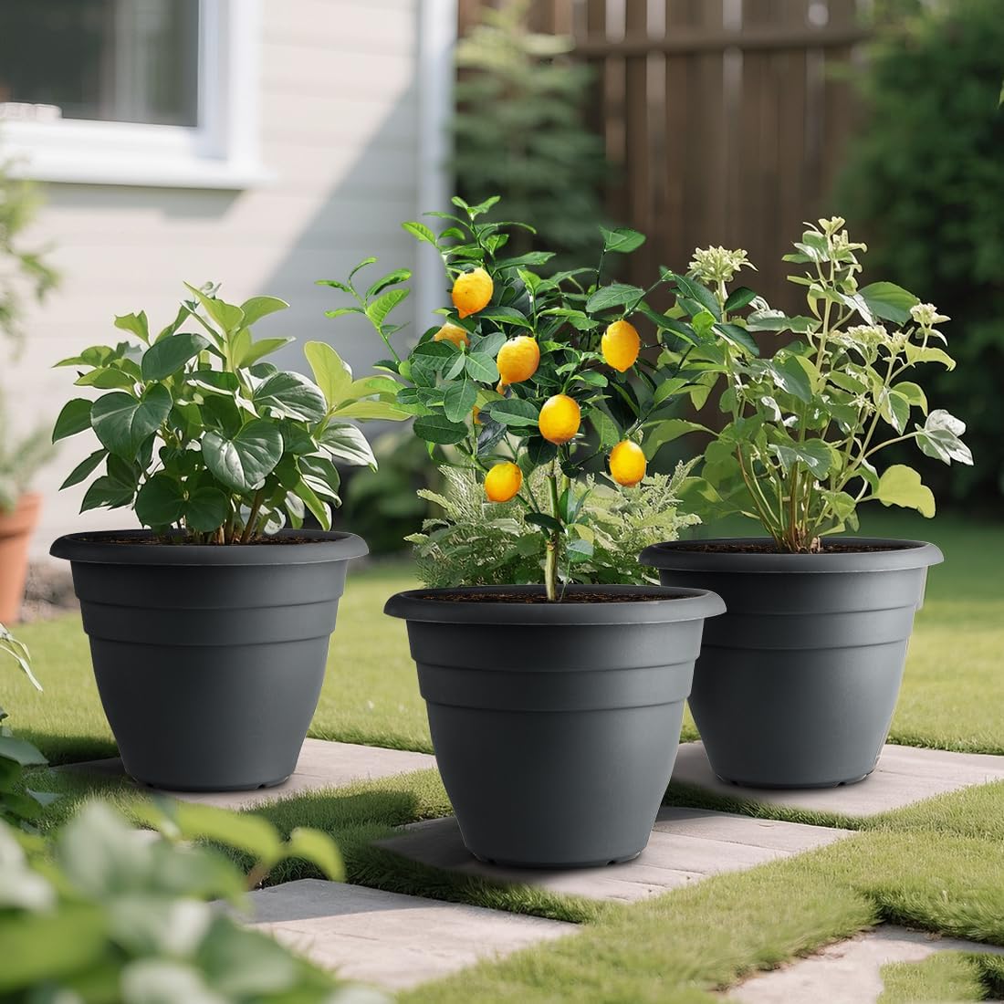 12 Inch Plant Pots, Large Planters for Outdoor Plants, Plastic Flower Pots - Durable and Lightweight with Drainage Holes (3 Packs, Gray)