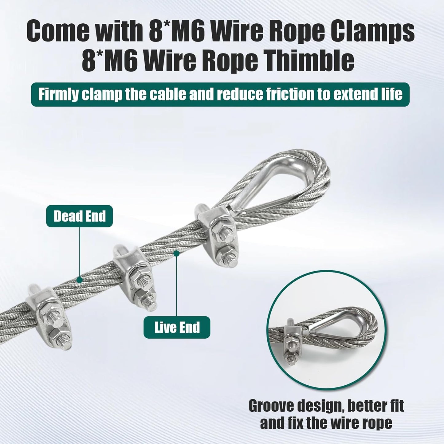 1/4" Stainless Steel Cable 50FT Wire Rope with Clamps and Thimble, 7X19 Strands Aircraft Cable for Zipline, Outdoor, Deck Railing, Heavy Duty Applications, Hanging, 6400lbs Breaking Strength