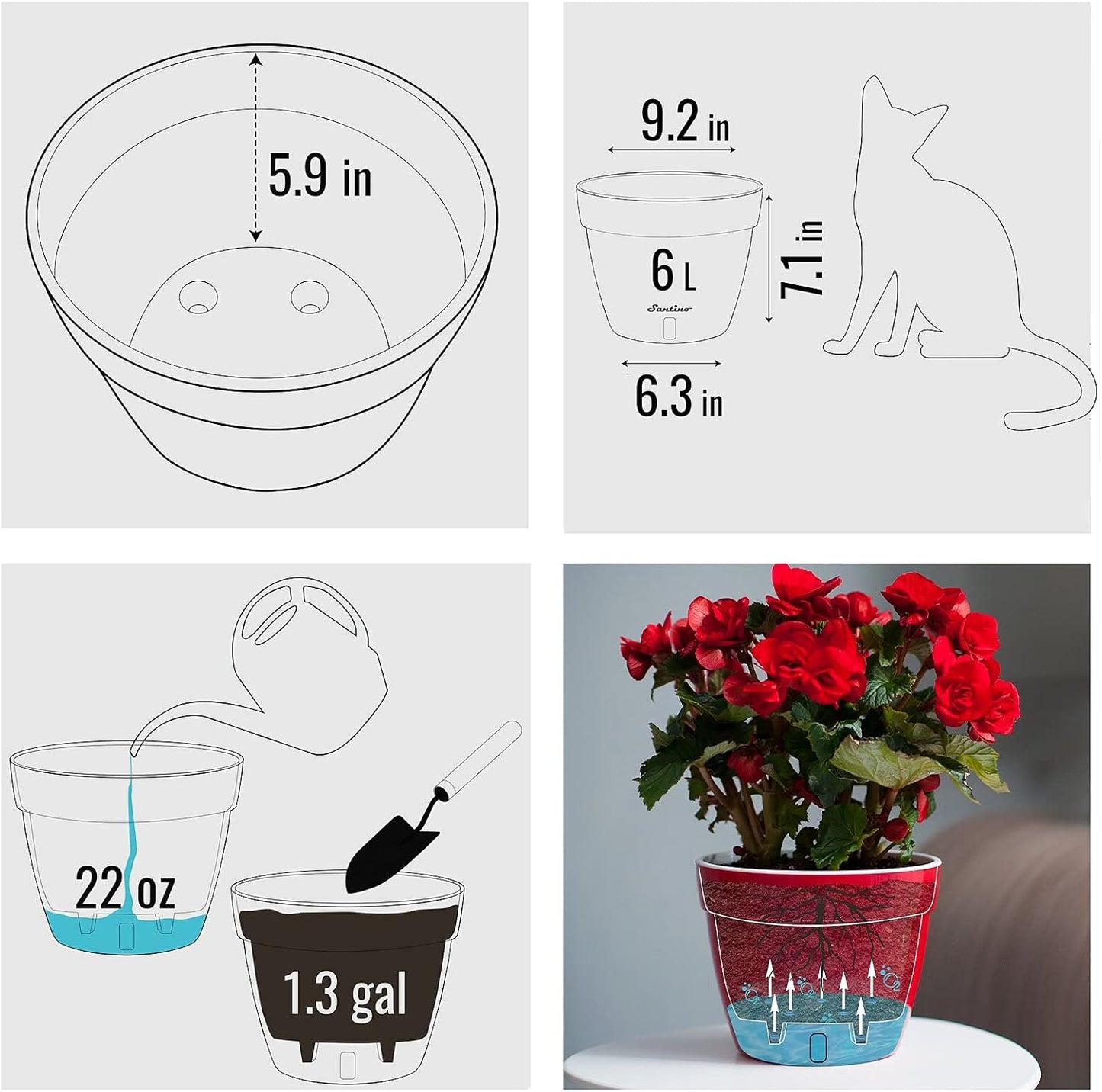 Santino ASTI 9.2 Inch Self Watering Planters Green/Black (Set of 3) for Indoor Plants - Premium Quality Modern Plastic Pot w/Water Level Indicator for All House Plants, African Violets and Dahlias