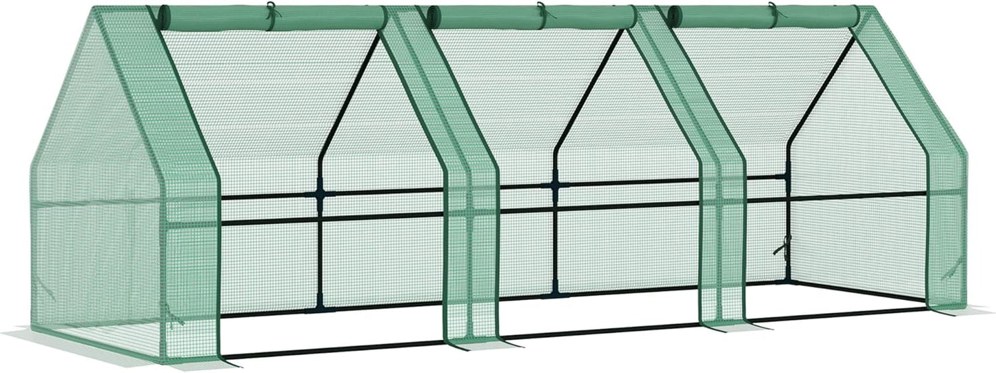 Outsunny 9' x 3' x 3' Mini Greenhouse with Zippered Doors & Roll-up Windows, Portable Plant Hot House with Durable PE Cover, Water Resistant, UV Protected for Outdoor Flowers, Vegetables, Green