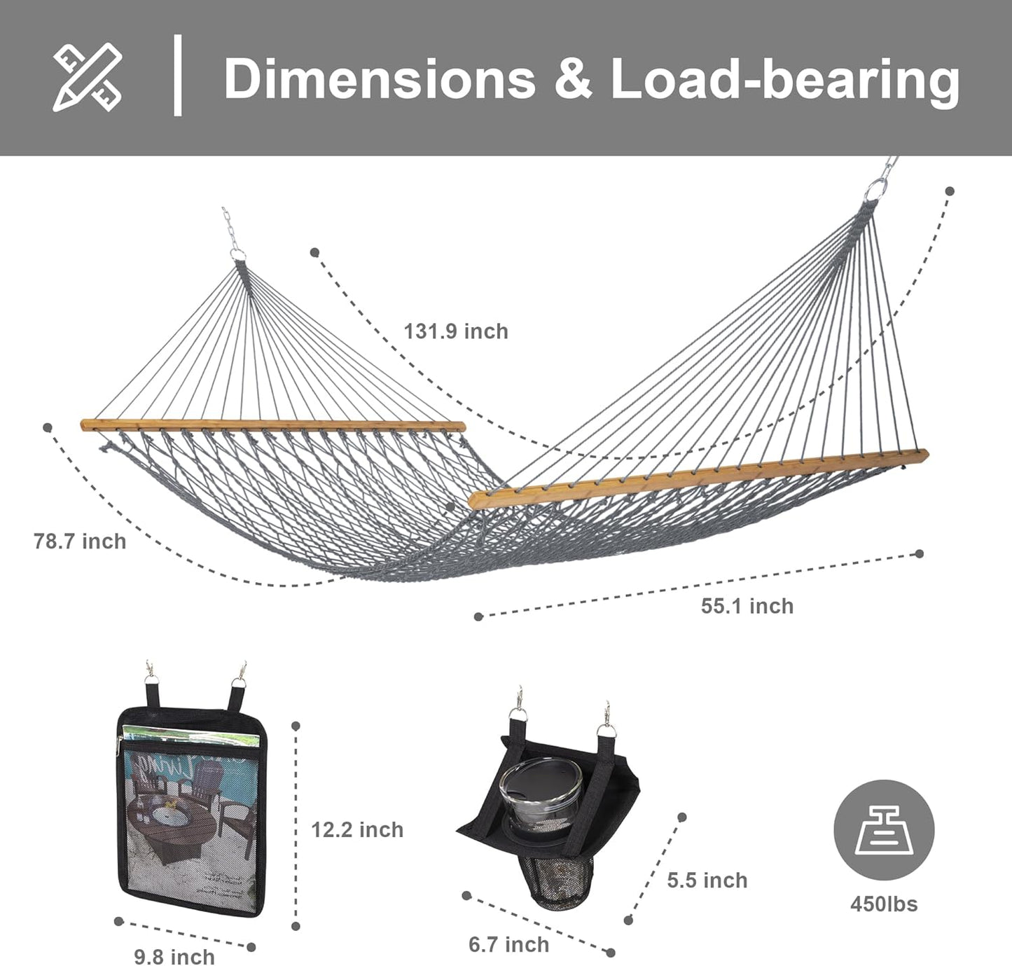 SUNCREAT Double Outdoor Hammock, Polyester Rope Hammock with Strong Spreader bar, Gray