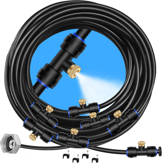 GOXAWEE Misting System, 26FT (8M) Misting Line + 7 Brass Mist Nozzles + Brass Adapter(3/4"), Misters for Outside Patio Cooling Outdoor Garden Greenhouse Trampoline for Waterpark