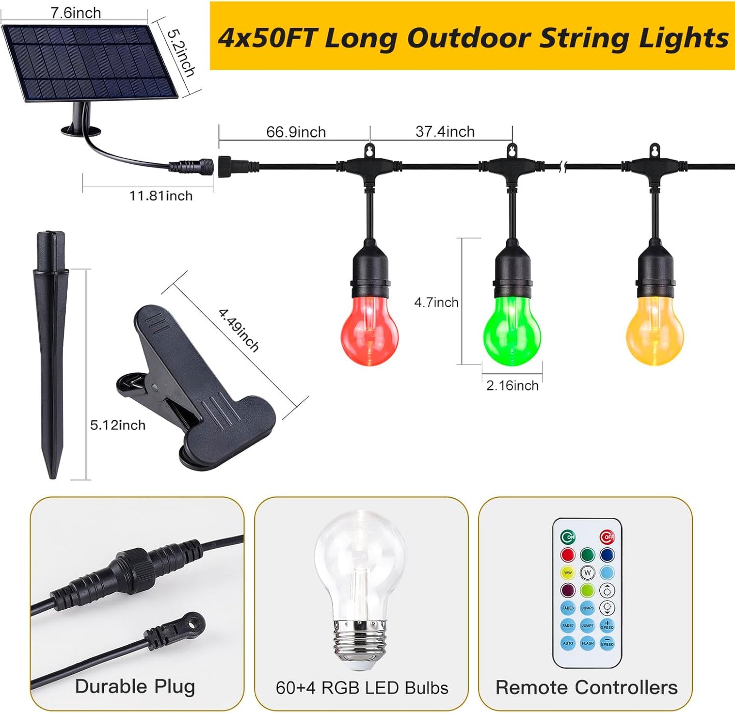Auroraworld RGB Solar Outdoor String Lights, 200FT Dimmable Patio String Lights for Cafe