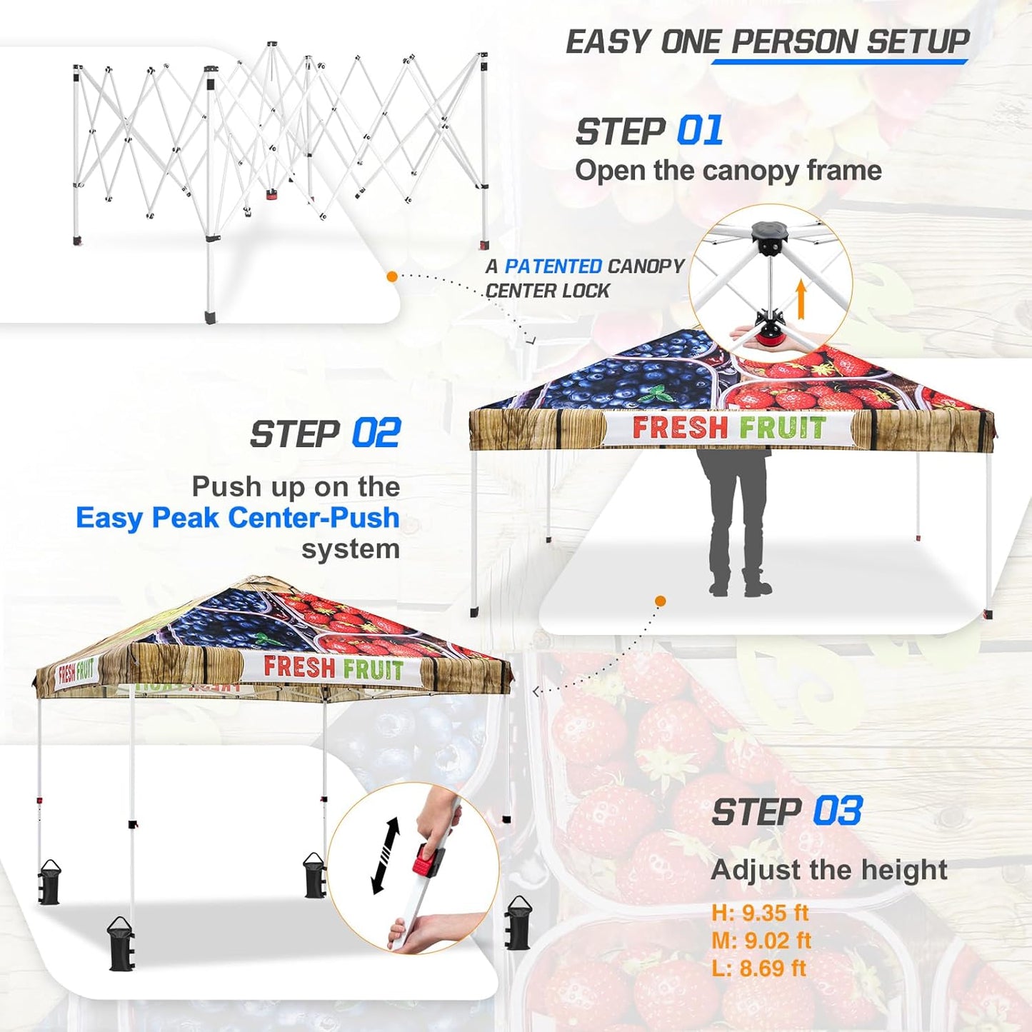 EAGLE PEAK Pop Up Canopy Tent with Wheeled Carry Bag, 8 Stakes, 4 Ropes, 4 Weight Bags, Easy Set Up Tent Canopy, 10x10 ft, 100sqft of Shade, Fruit Stand