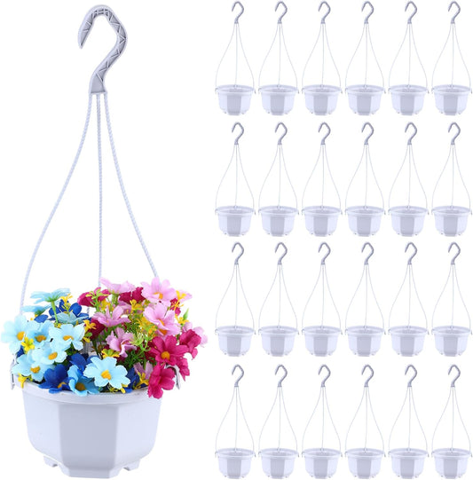 Roshtia 24 Pcs Hanging Plastic Planter Pot with Hook Flower Pots Baskets Hanging Nursery Planter Holder for Outdoor Indoor Plant Garden(Ceramic White,6 Inch)