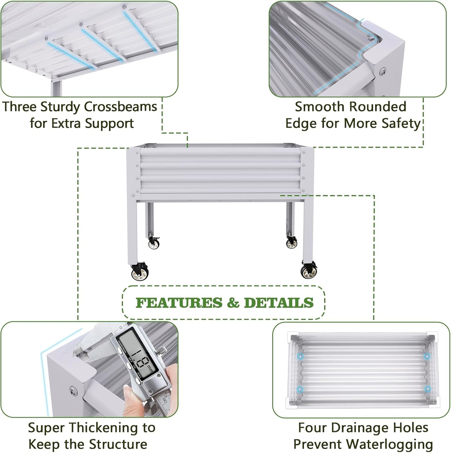 A ANLEOLIFE Galvanized Raised Garden Bed with Legs,48x24x35in Large Elevated Planter Box on Wheels with Drainage Holes for Backyard, Balcony, Patio, 600lb Capacity, Antique White