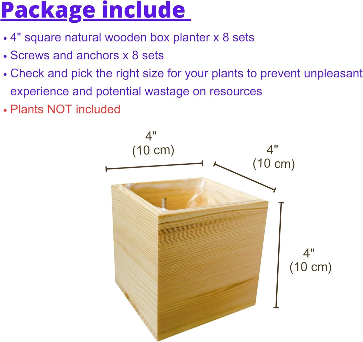 LaLaGreen Wooden Planter Box for Plants (4x4 Inch, 8 Pack) Small Square Wall Planters for Indoor Plant, Natural Wood Hanging Flower Pot Boxes Table Centerpiece Herb Balcony Home Garden Office Decor